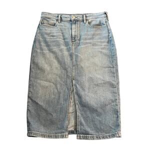 Lands’ End Women’s Denim Pencil Skirt Blue Jean Midi Front Slit Pockets Size 14